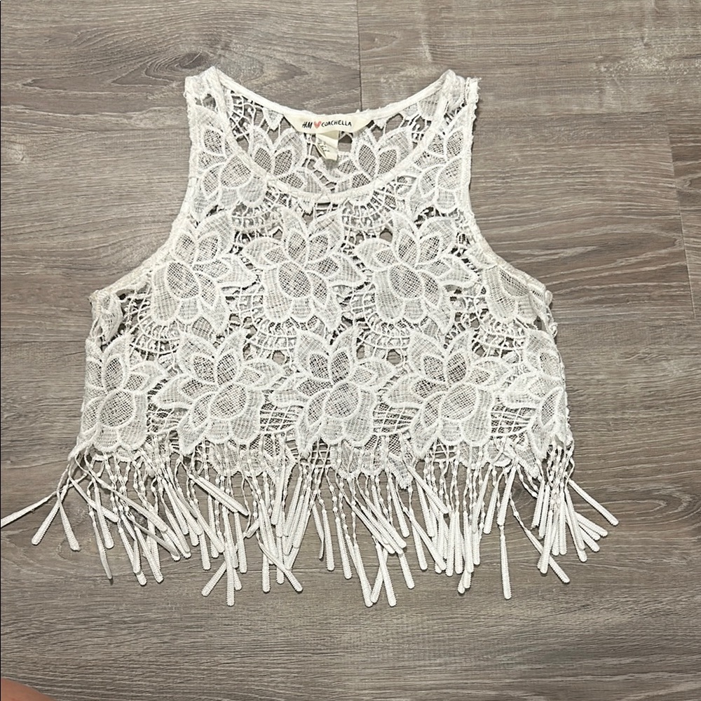 H&M Coachella White Fringe Sleeveless Crop Tank Top